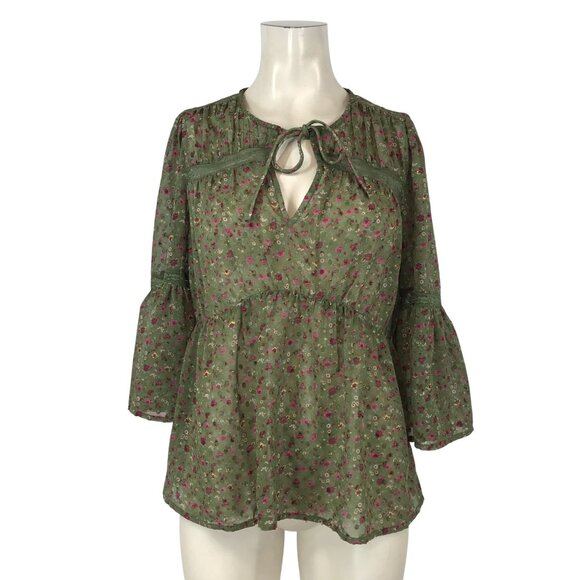 LUCKY BRAND - WOMEN SMALL -GREEN SHEER FLORAL 3/4 RUFFLE SLEEVE TIES AT NECK TOP - Picture 1 of 5